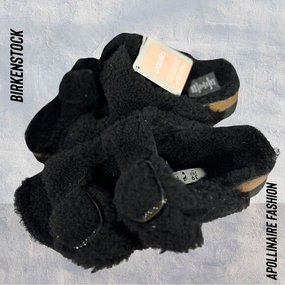 BIRKENSTOCK PAPILLIO ARIZONA SHEARLING SANDALS IN BLACK NWT - Picture 1 of 7